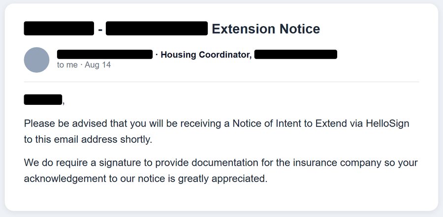 An extension notice email from a housing coordinator