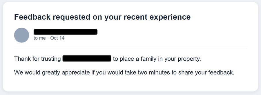 A feedback email thanking me for a family placement