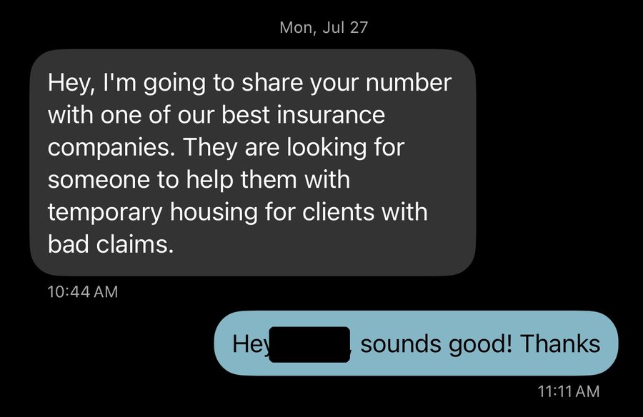 A text from a restoration company sharing my number with an insurance company